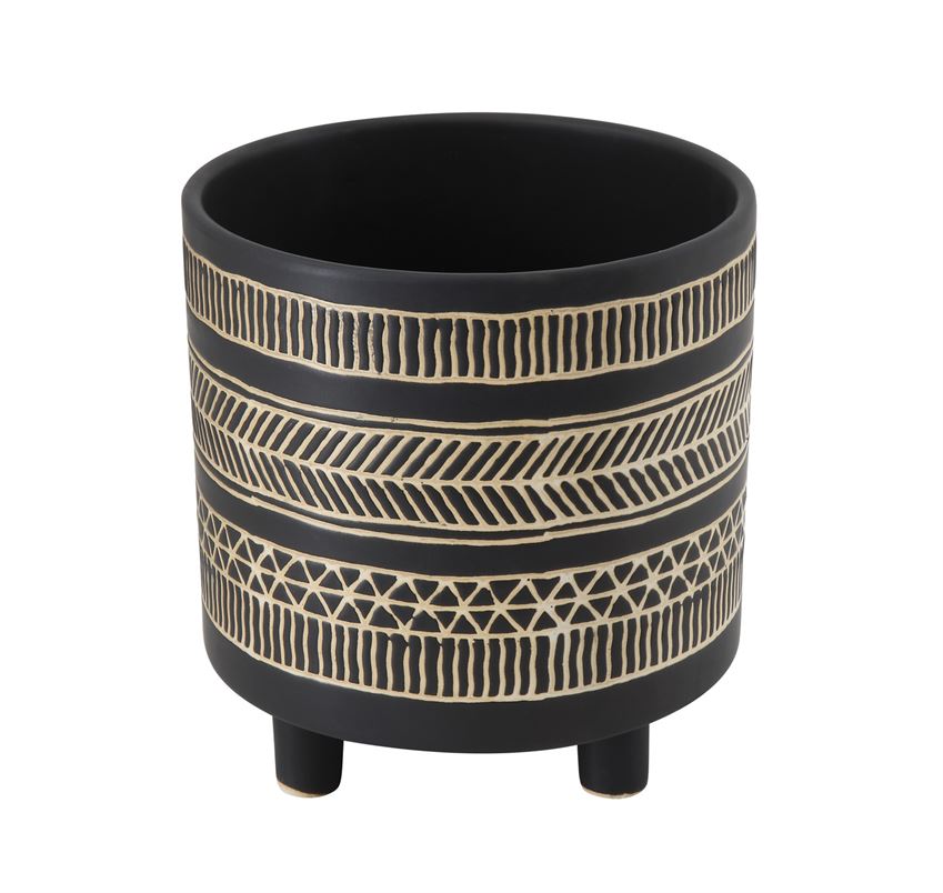 Stoneware Flower Pot w/ Black Pattern