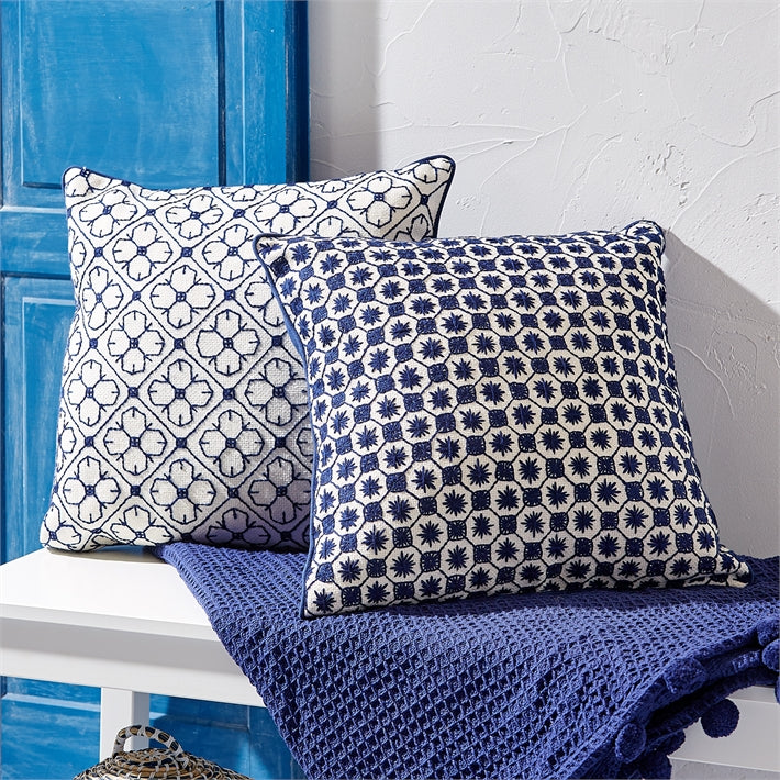 Two's Company Navy Blue Square Embroidered Pillow