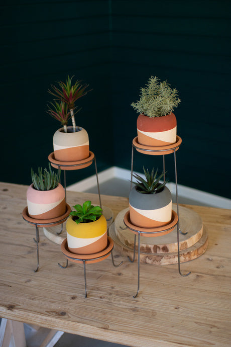 Color Dipped Clay Pot w/Metal Stand