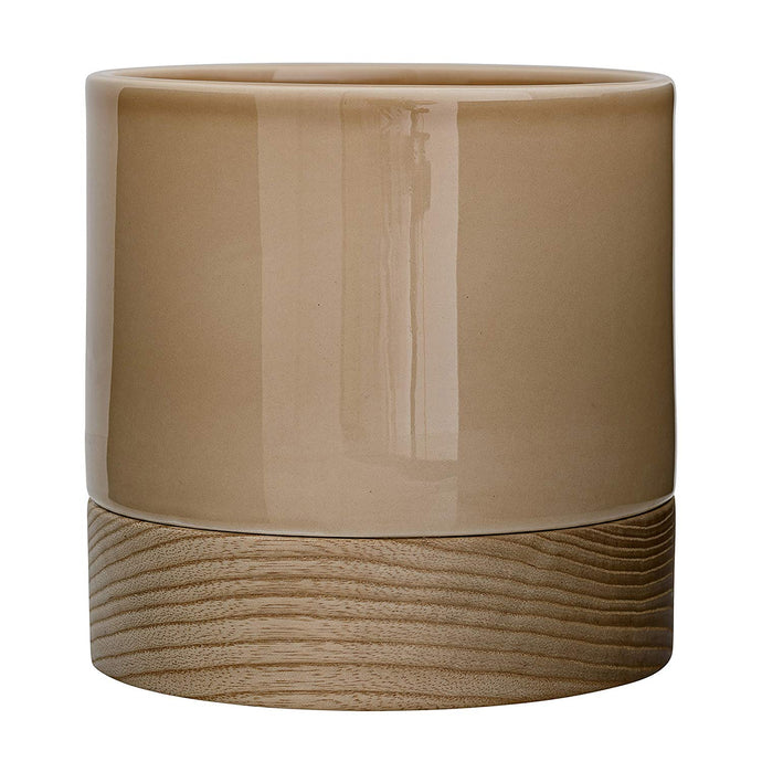 Glossy Beige Flower Pot w/Wood Base