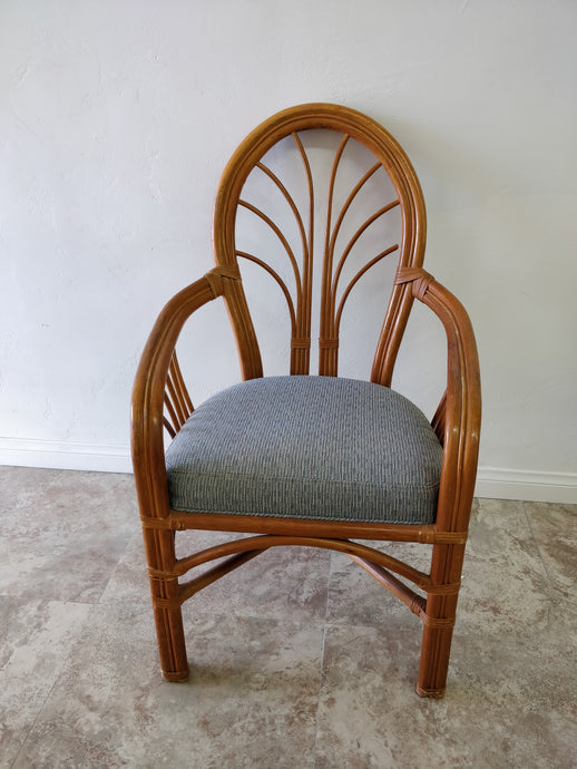 Vintage Bamboo Accent Chair with Blue Seat Cushion