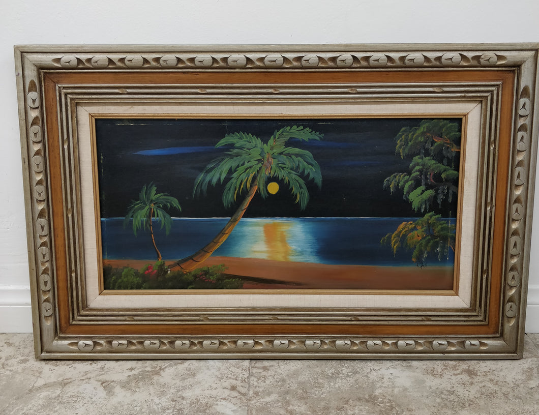 Vintage Framed Mexican Moonlit Beach Scene Wall Art