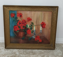 Vintage Framed Red Geranium Arrangement Oil Wall Art